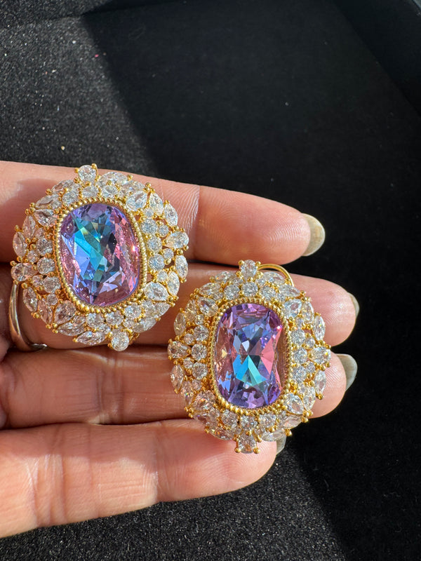 Gold Polish Crystal Stone Stud Earrings, Cubic Zirconia, AD, CZ, Indian Jewelry