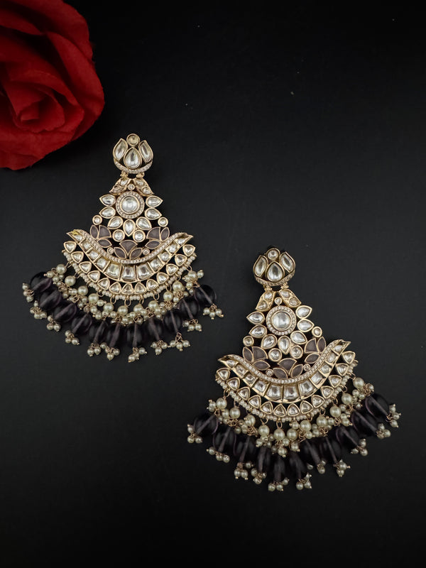 Purple and Gold Kundan Chandelier Earrinngs, High shine Bridal Moissanite CZ, Shiney Gold Designer