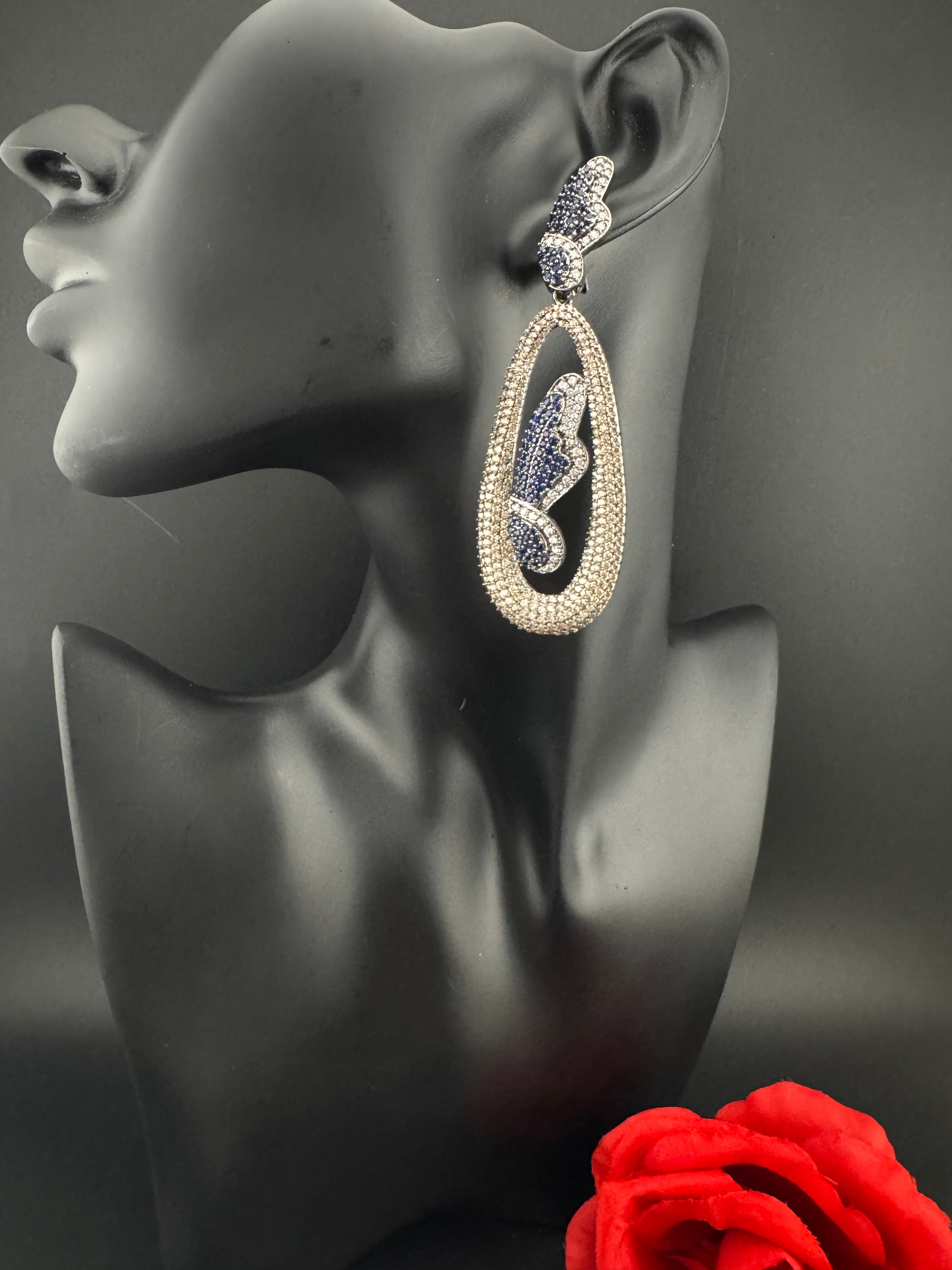 Premium Nano Setting Cubic Zirconia Victorian Long earrings in Butterfly Drop shape, designer Inspired Statement long drop dangle earrings