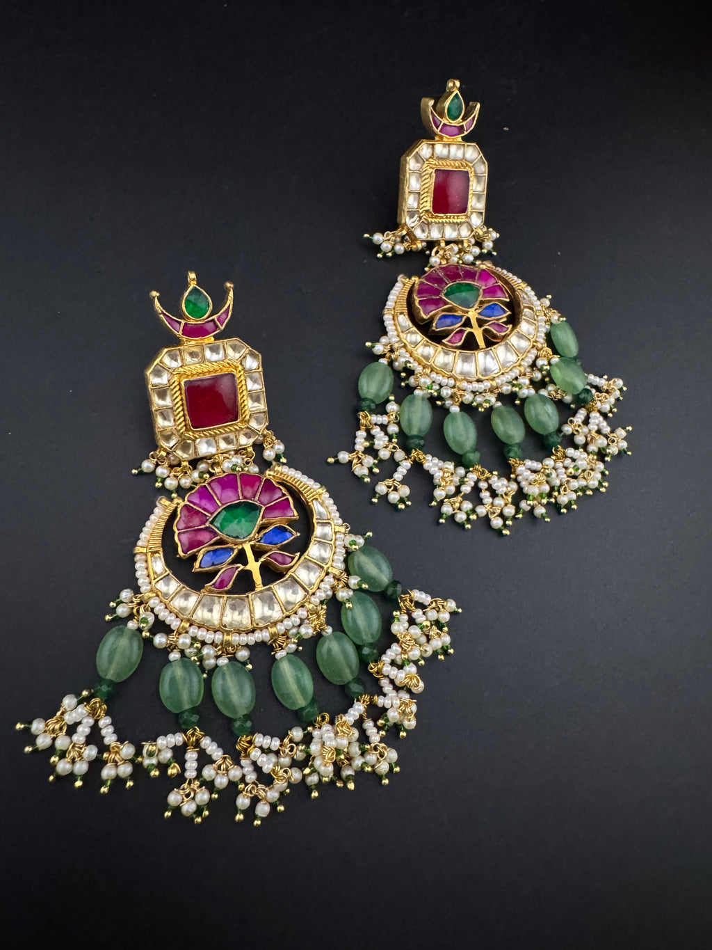 Multicolor pacchi Kundan stones Pearls Oversized Chandelier Long Earrings, Bridal, Designer jewelry
