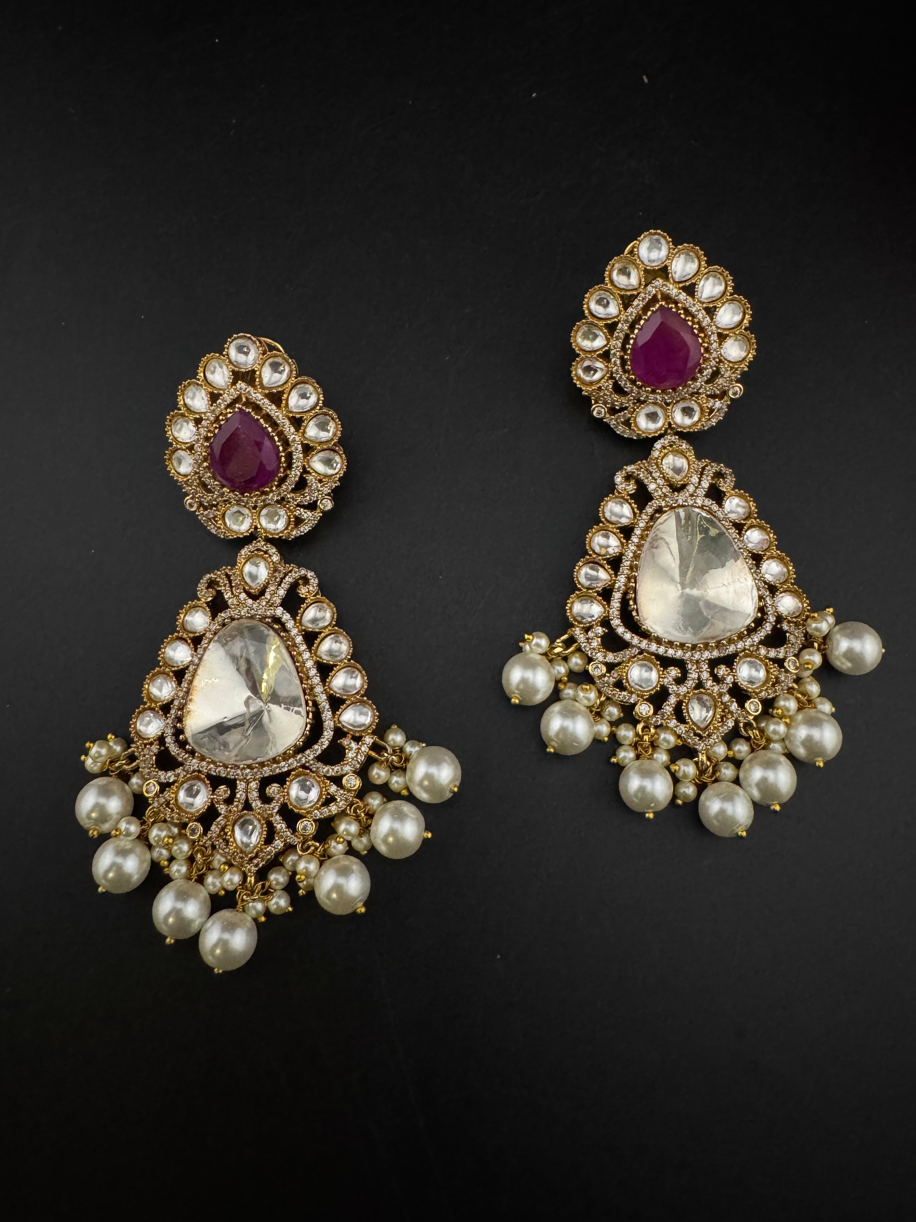 Purple and Gold Kundan, Pearls Chandelier Long Earrings, Bridal, Moissanite, CZ, Designer jewelry