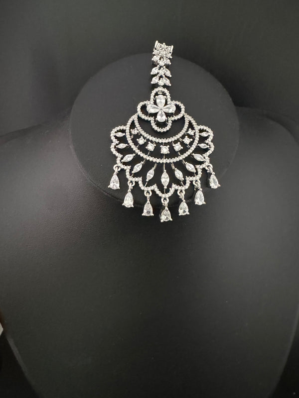 Silver Cubic Zirconia/Diamond Tikka, Indian Maang Tikka, Headpiece, Bridal jewelry