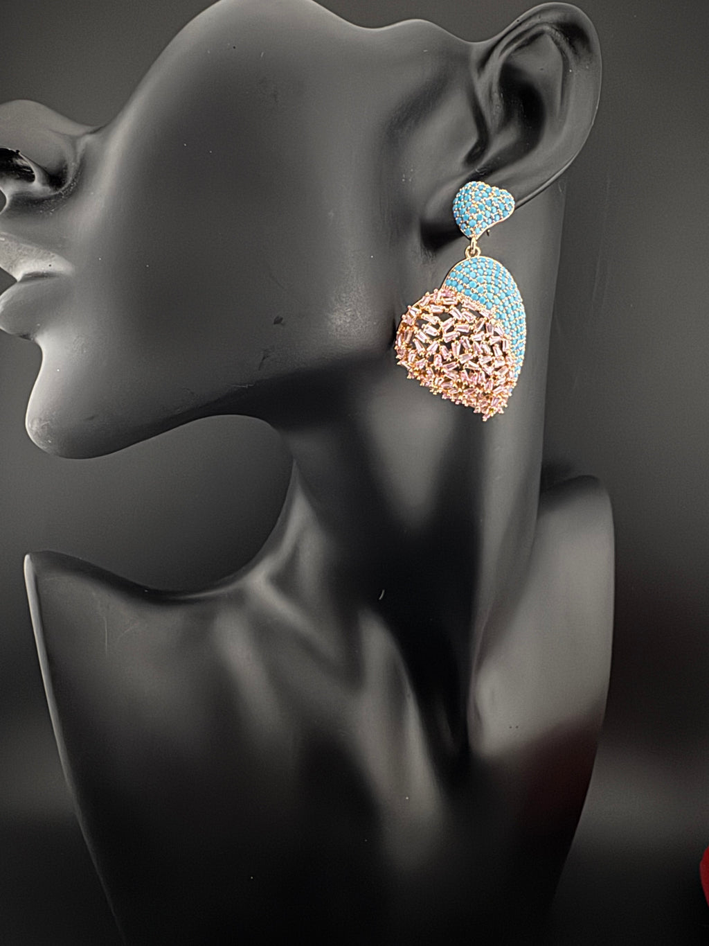 Premium Nano Setting Multicolor Cubic Zirconia, Crystal stones in Unique setting is designer Inspired Statement Heart shaped earrings