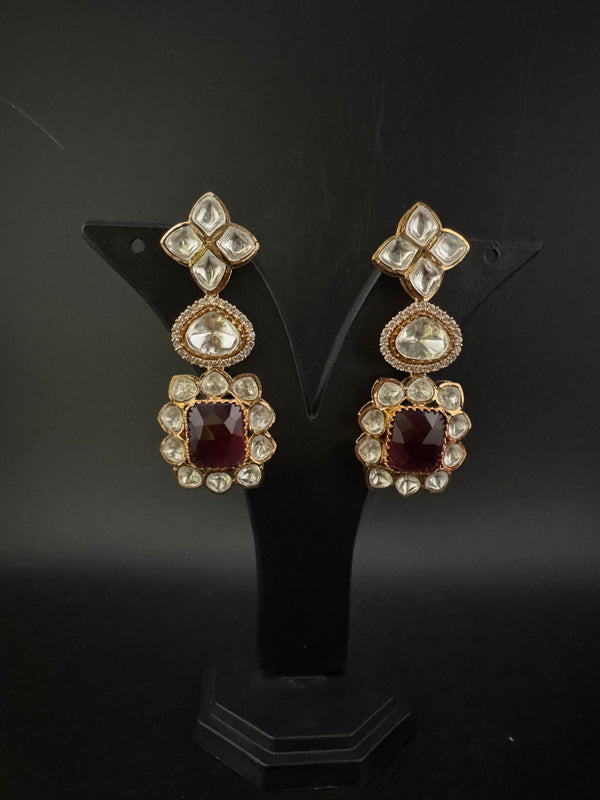 Red and Gold Kundan, Stone Chandelier Drop Earrings, Bridal, Moissanite, CZ, Designer jewelry