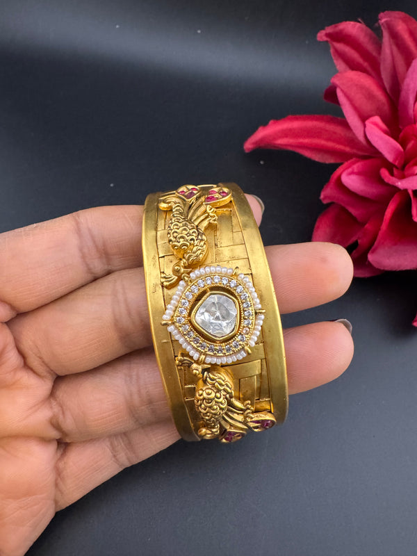 Moissanite Kundan, CZ, pearl Peacock Cuff Bracelet Bangle, Gold Polish Bangle (Fits 2.6" Diameter)