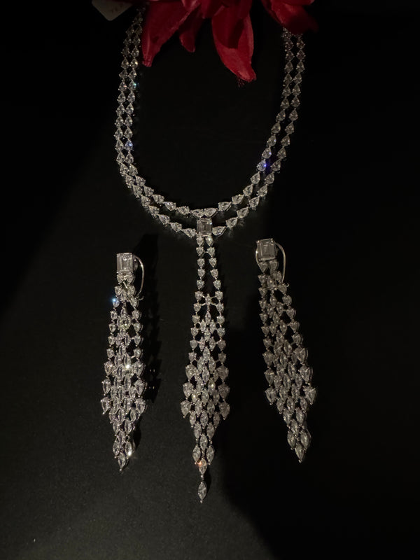 Crystals and CZ Diamond Statement double Layered Necklace Set, White Gold Plated Choker set