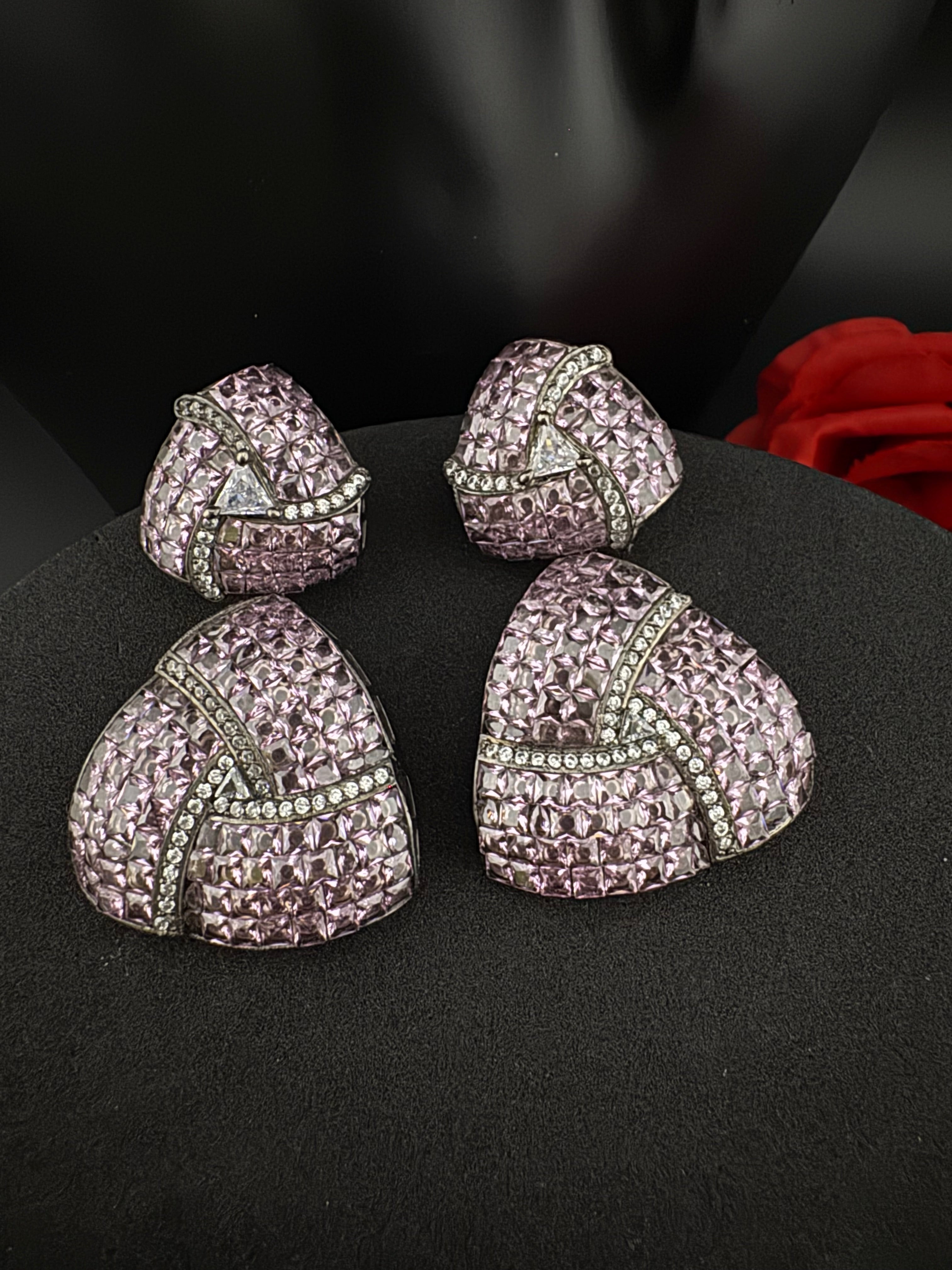 Premium Nano Setting Cubic Zirconia, Lavender Crystal stones in Unique setting is Victorian stylish designer Inspired Statement long earring