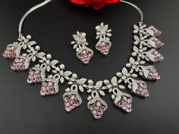 CZ Diamond Statement sleek Necklace Set, White Gold Plated Choker, 3D nature inspired