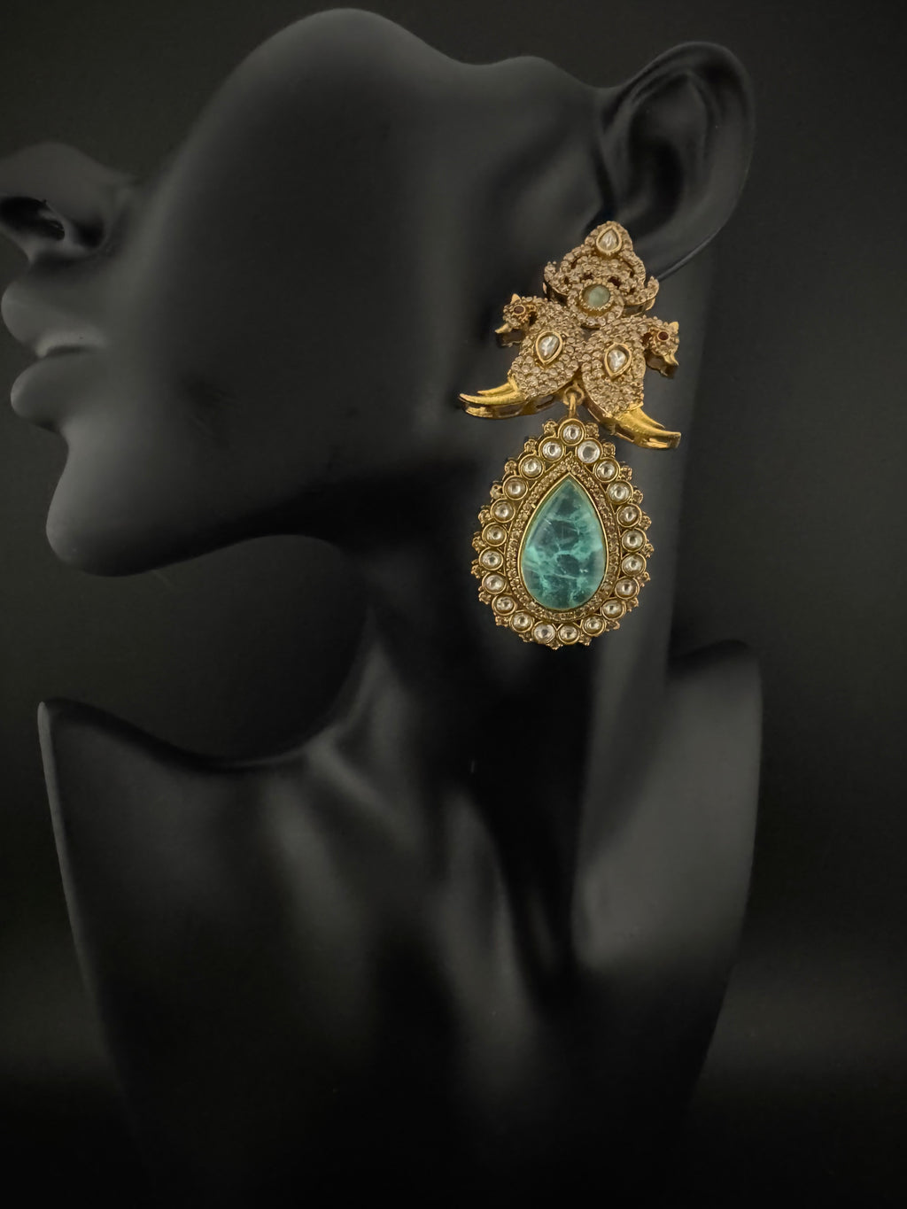 Blue Green and Gold, Doublet Stone Chandelier Long Earrings, Bridal, Moissanite, CZ, Designer jewelry