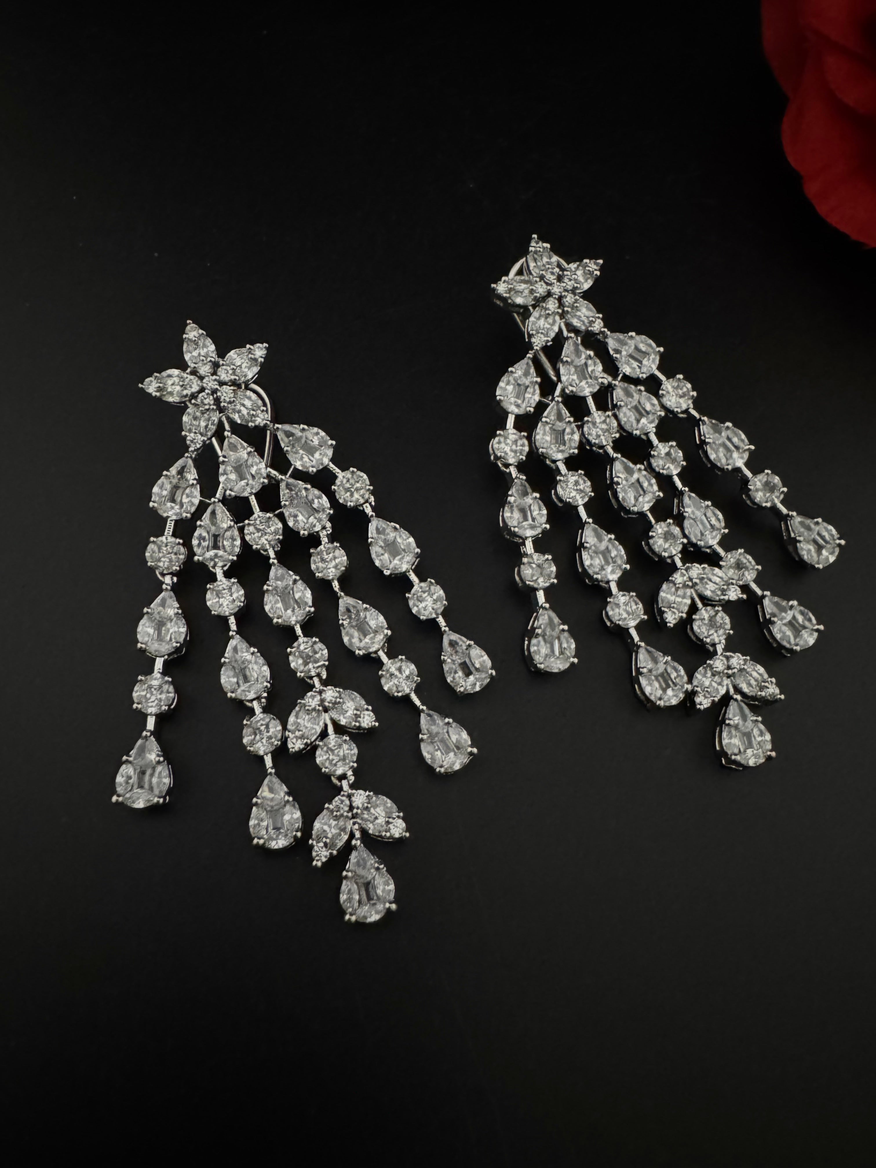 Premium Cubic Zirconia Chandelier earrings is designer Inspired, Statement Long earring, Bridal, Party, Wedding jewelry, Indian Chic Shiny