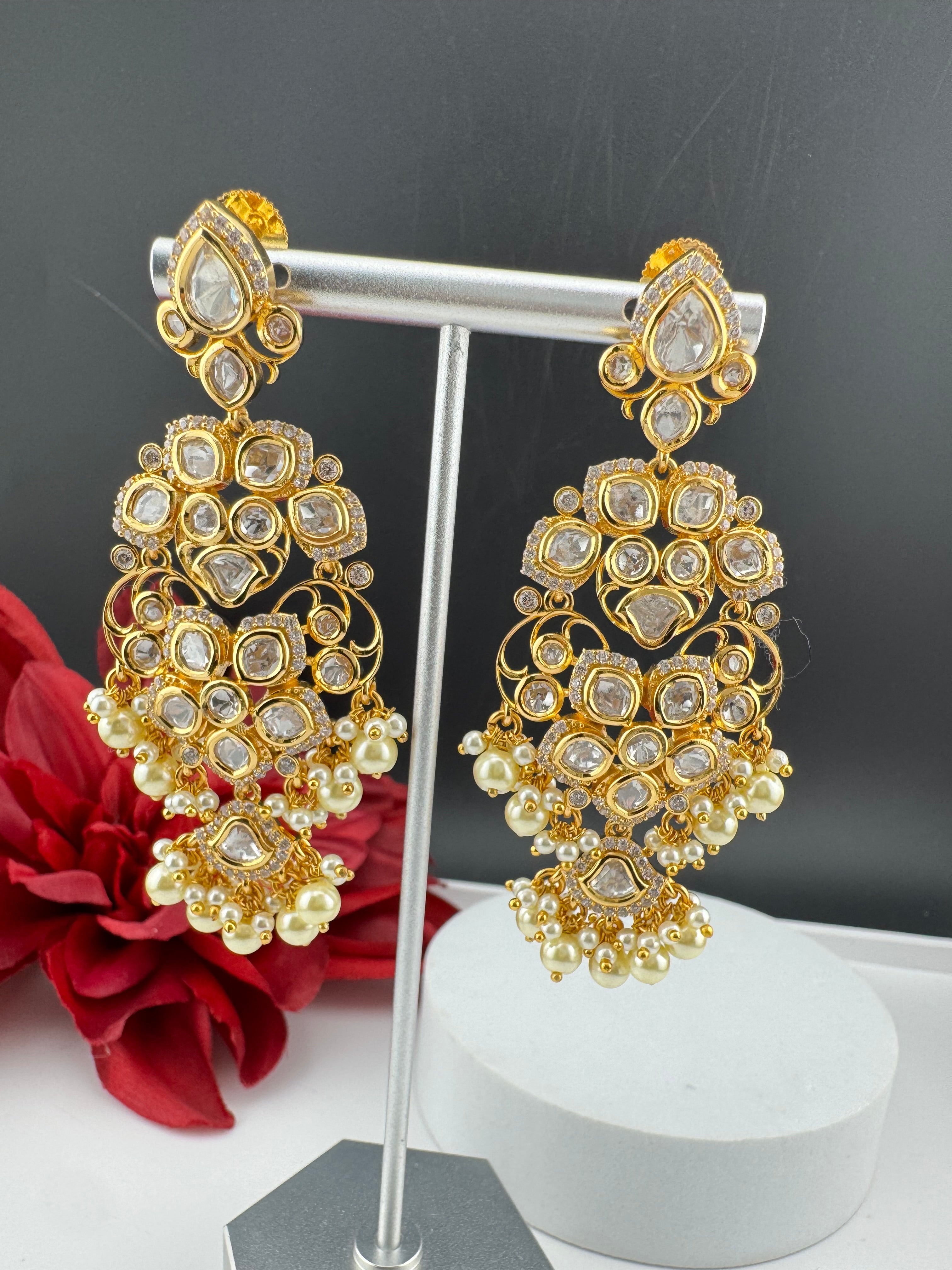 White and Gold Kundan, Pearls Chandelier Earrings, High shine Bridal, Moissanite, CZ, Designer jewelry