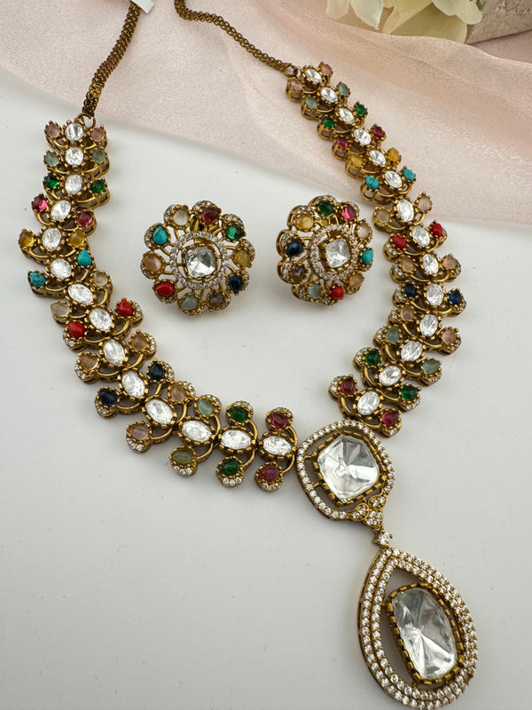 Stones, CZ, Kundan Gold necklace set, Indian Bridal Jewelry set