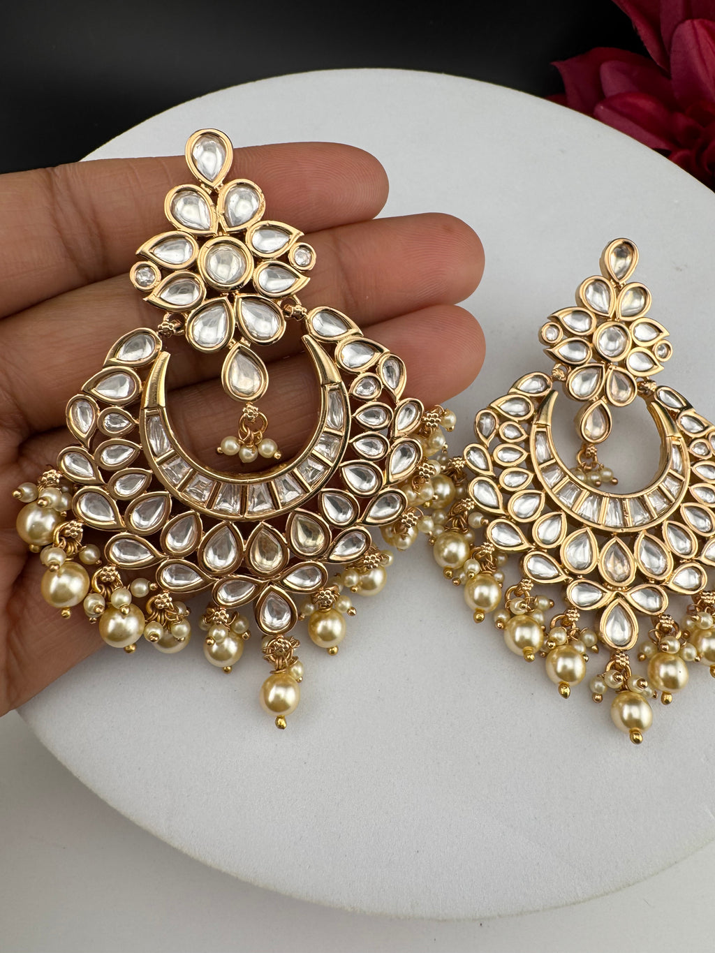 White and Gold Kundan, Pearls Chandelier Earrings, High shine Bridal, Moissanite ,CZ, Designer jewelry