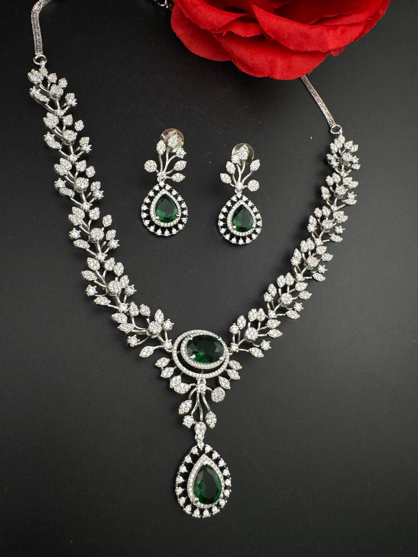 Crystal, Nano Setting CZ Diamond Statement Necklace Set, White Gold Plated Choker, nature inspired