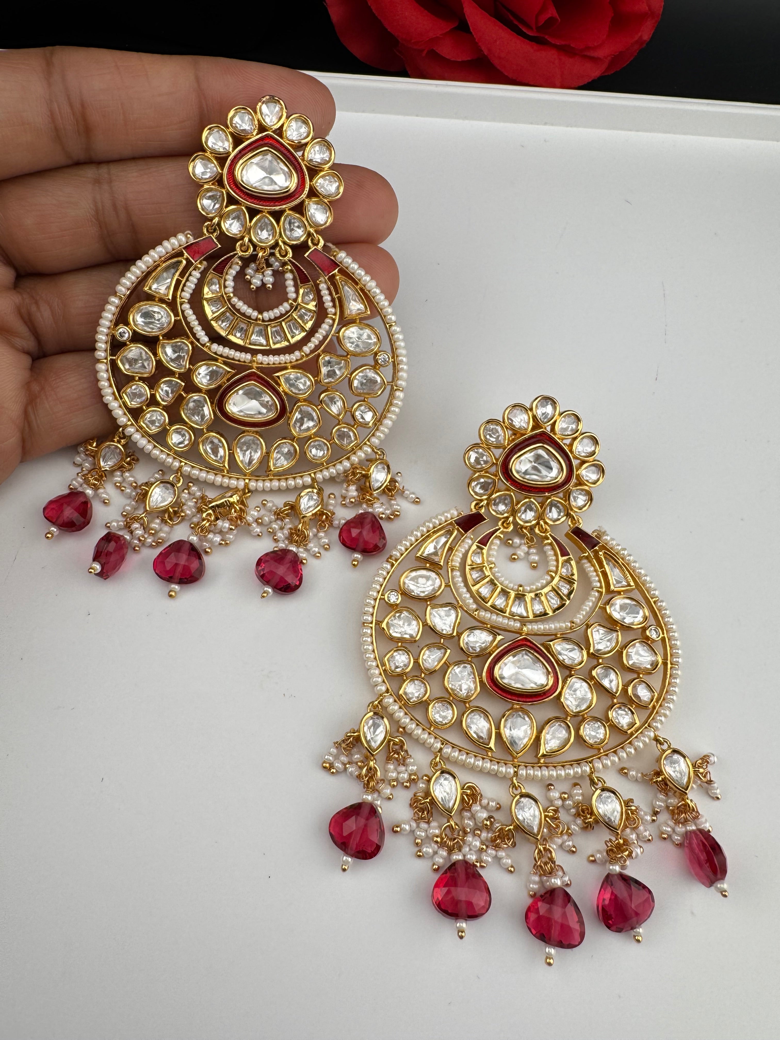 Red and Gold Kundan Chandelier Earrinngs, High shine Bridal Moissanite CZ, Shiney Gold Designer
