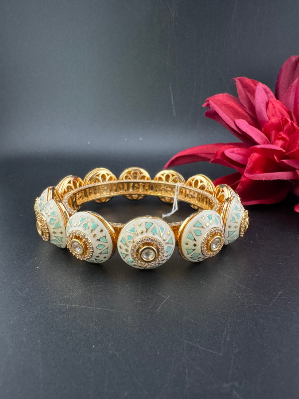 Moissanite Kundan, Enamel, CZ Rajwadi Pacheli Bracelet Bangle Kada, Gold Polish(fits 2.6" wrists)