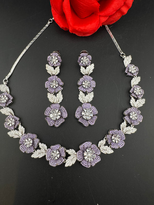 Nano Setting CZ Diamond Statement Necklace Set, White Gold Plated Choker set, nature inspired