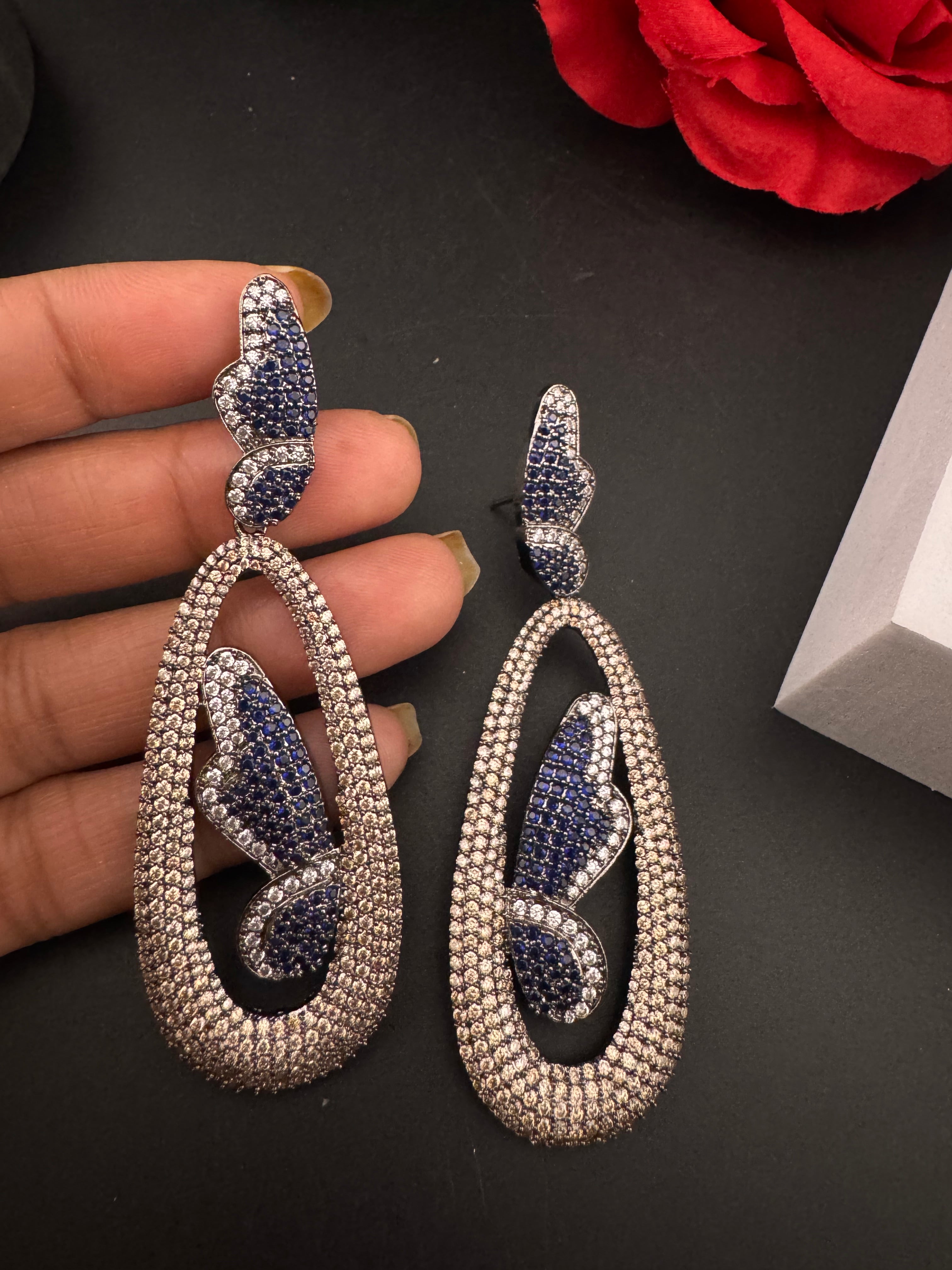 Premium Nano Setting Cubic Zirconia Victorian Long earrings in Butterfly Drop shape, designer Inspired Statement long drop dangle earrings