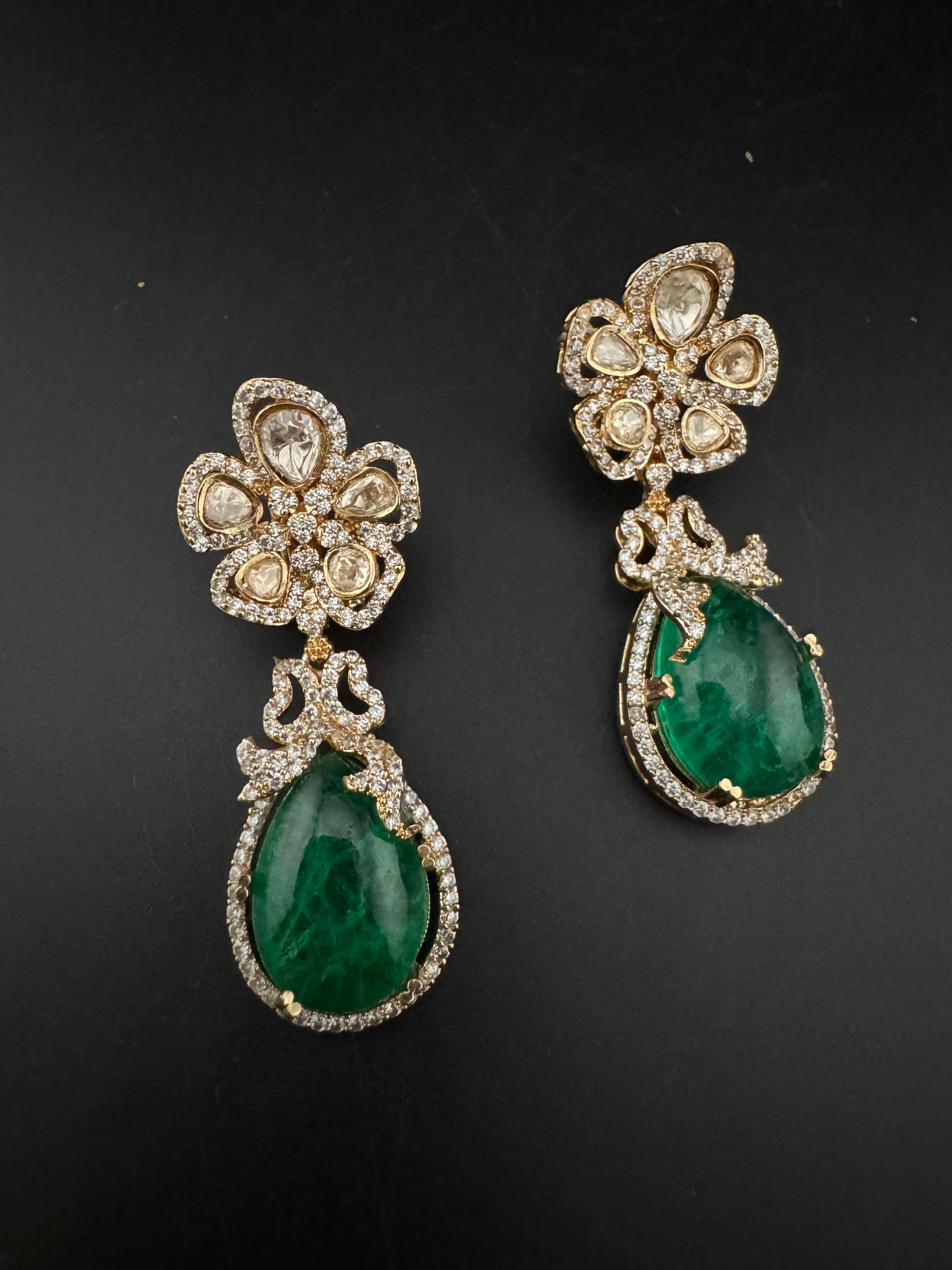 Green and Gold Kundan, Doublet Stone Chandelier Drop Earrings, Bridal, Moissanite, CZ, Designer jewelry
