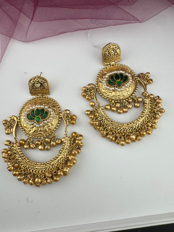 Kashmiri style, brass, stone and pearls chandbali oversized earrings, Indian Jewelry