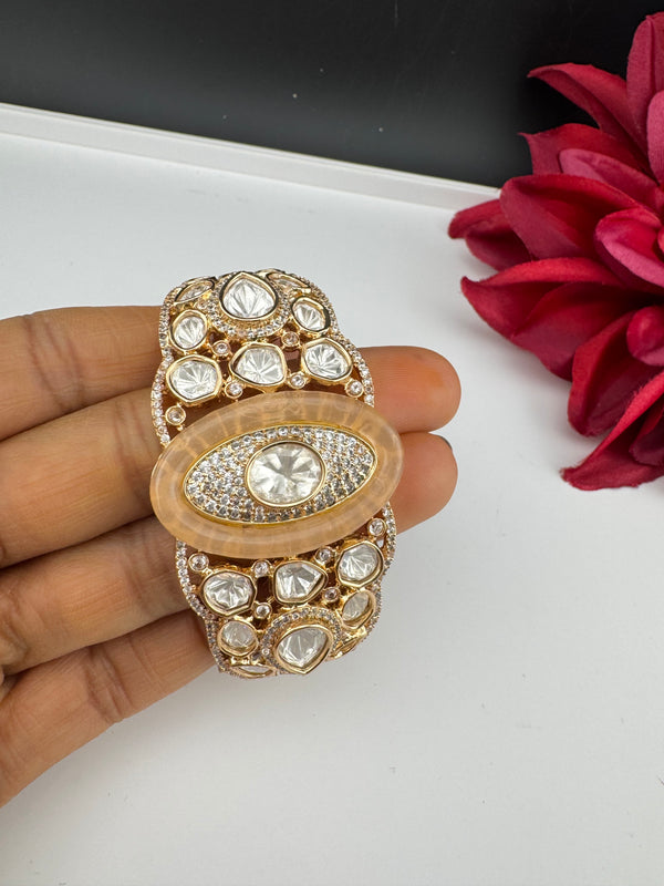 Moissanite Kundan, MOP, CZ Adjustable Bracelet Bangle, Gold Polish Designer Bangle