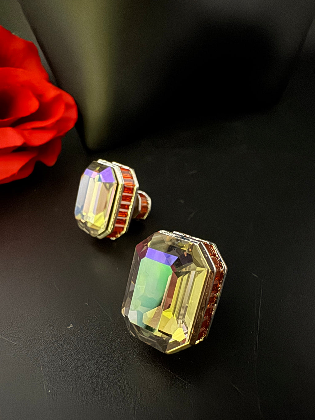 Premium Swarovski style Crystal and Cubic Zirconia in unique designer Orange studs earrings, crystals at the backing/Bridesmaid gift