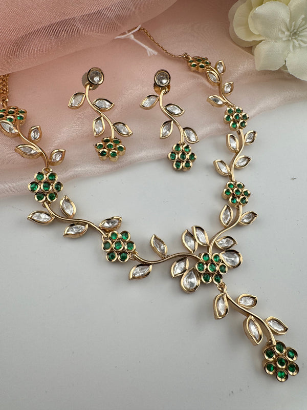 Kundan, Moissanite, stone Sleek Gold flower long necklace set, Indian Bridal Jewelry