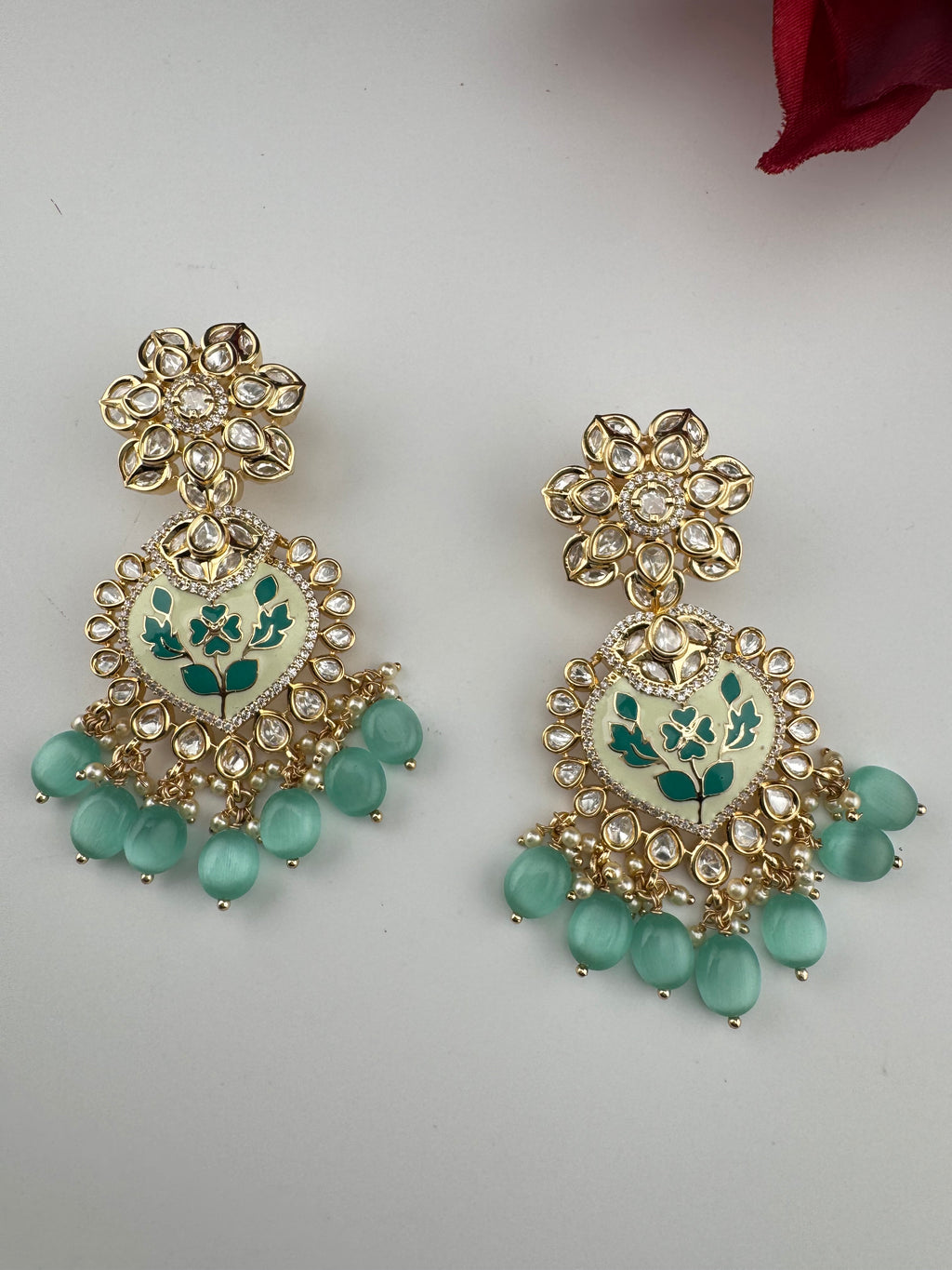 Enamel and Gold Kundan Chandelier Long Earrings, High shine Bridal Moissanite CZ, Designer Earrings
