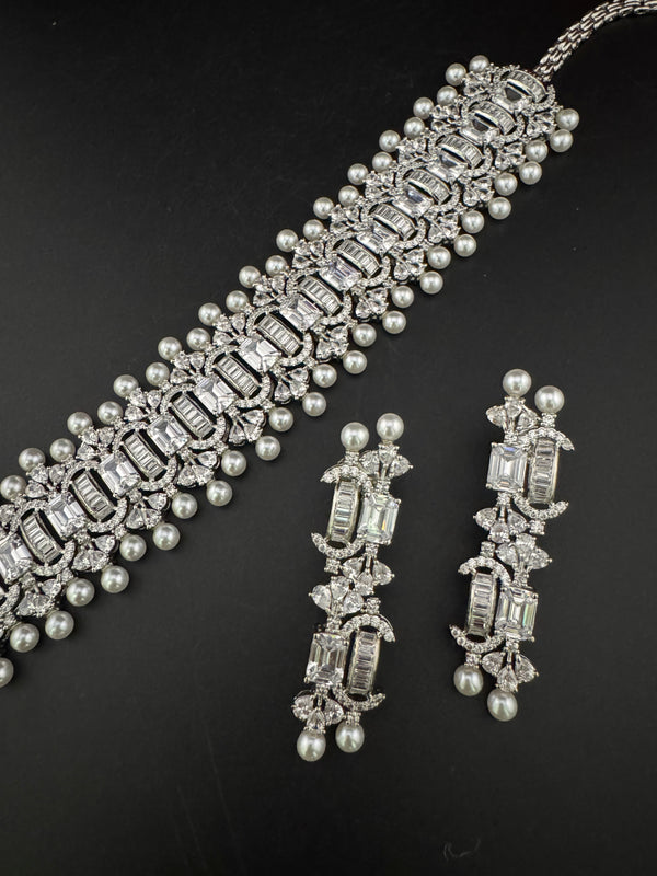 Step cut Crystals and CZ Diamond Statement Necklace Set, White Gold Plated Choker set