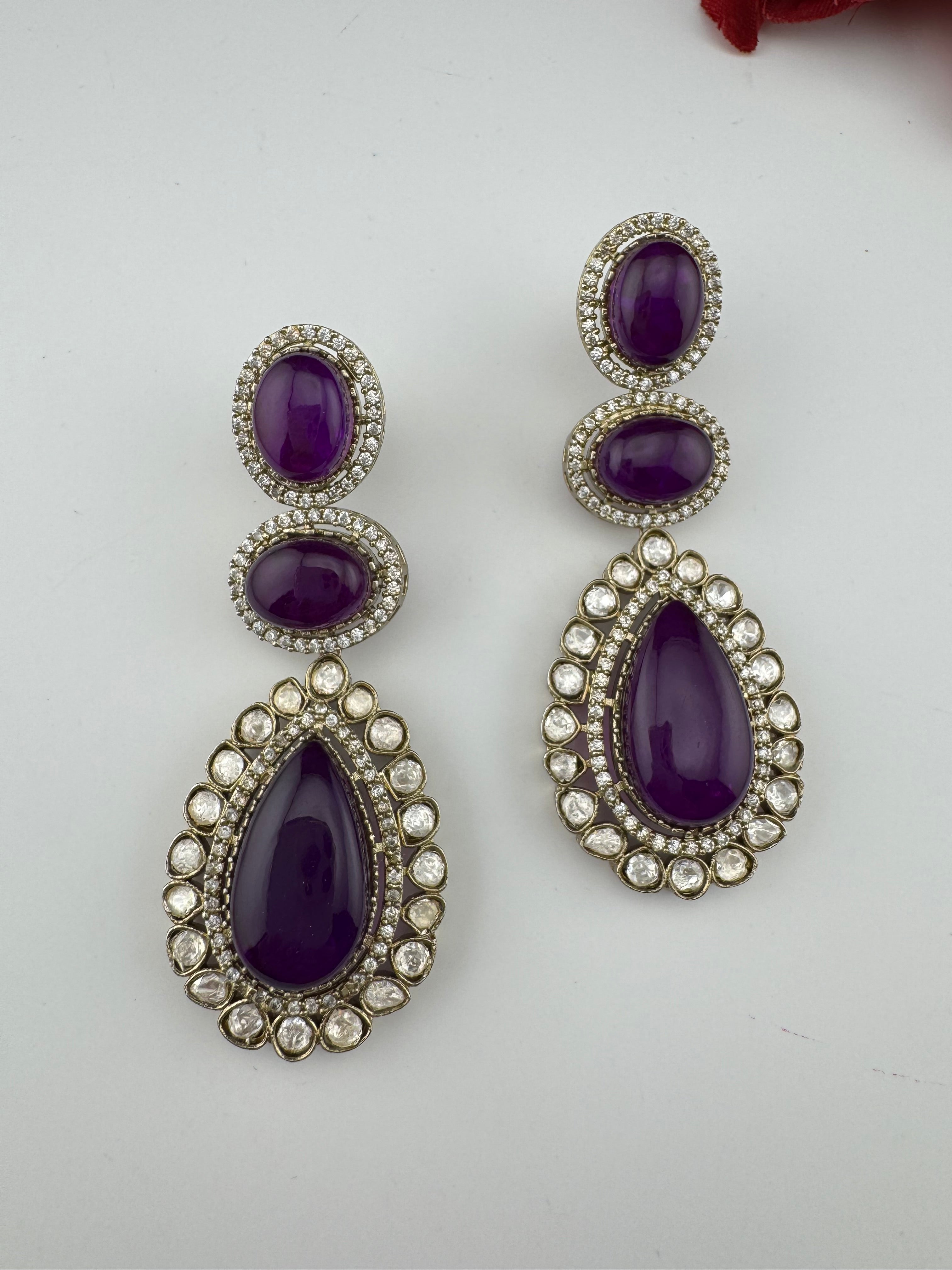 Purple and Gold Kundan, Doublet Stone Chandelier Long Earrings, Bridal, Moissanite, CZ, Designer jewelry