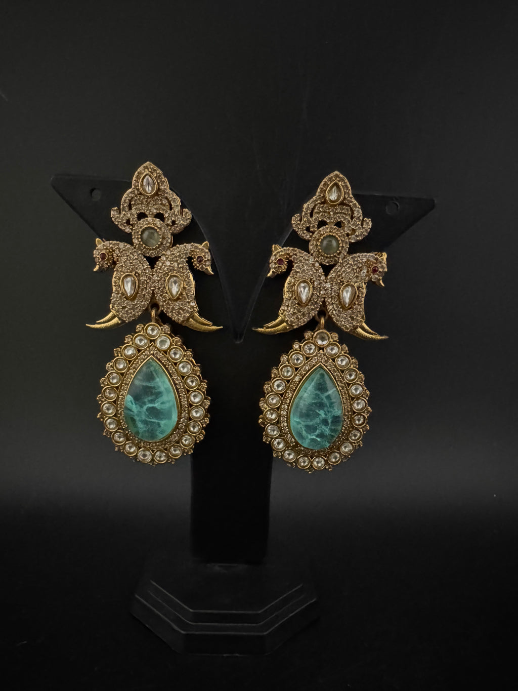 Blue Green and Gold, Doublet Stone Chandelier Long Earrings, Bridal, Moissanite, CZ, Designer jewelry