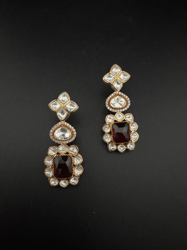 Red and Gold Kundan, Stone Chandelier Drop Earrings, Bridal, Moissanite, CZ, Designer jewelry