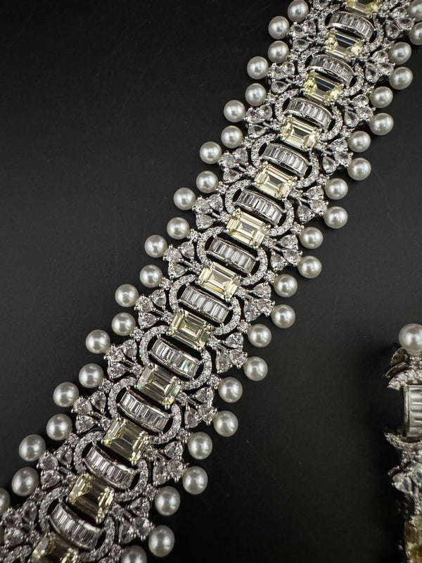 Step cut Crystals and CZ Diamond Statement Necklace Set, White Gold Plated Choker set