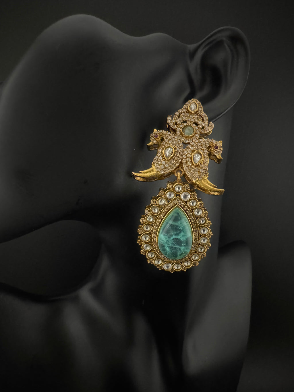 Blue Green and Gold, Doublet Stone Chandelier Long Earrings, Bridal, Moissanite, CZ, Designer jewelry