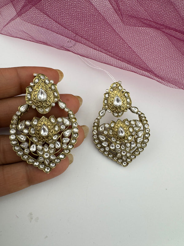 Amrapali inspired, Matt Gold with uncut kundan and CZ chandbali earrings