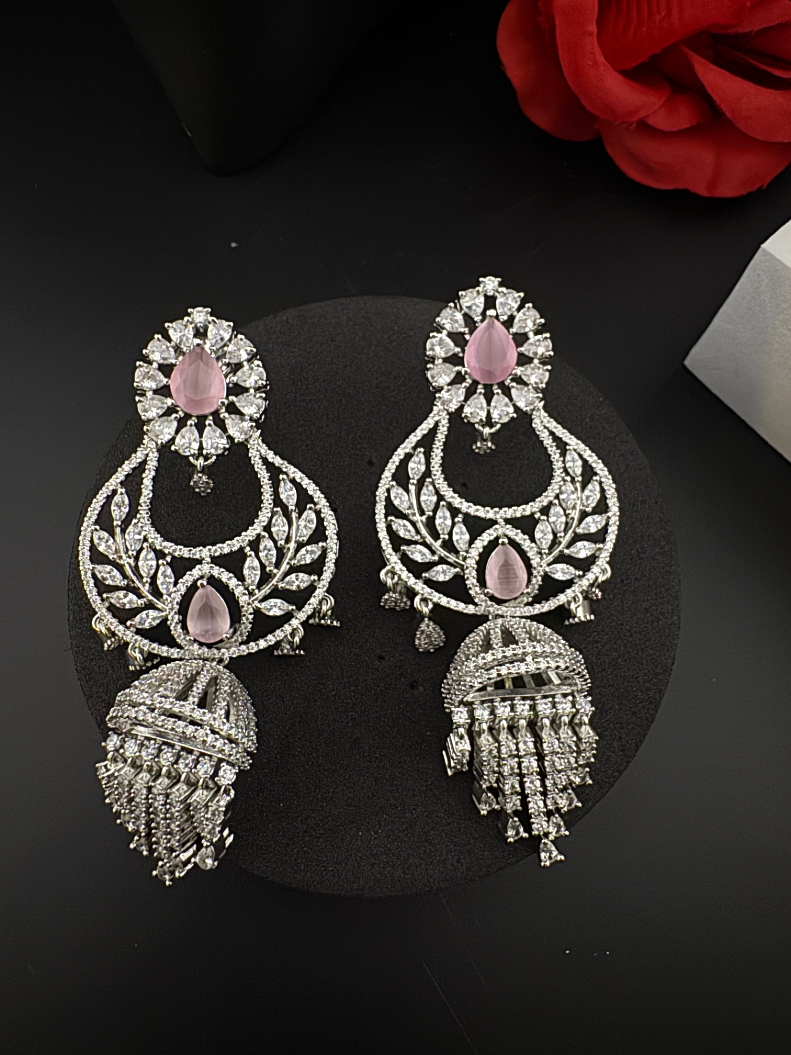 Premium Cubic Zirconia Chandbali humka earrings is designer Inspired, Statement Long earring, Bridal, Party, Wedding jewelry, chic, Indian