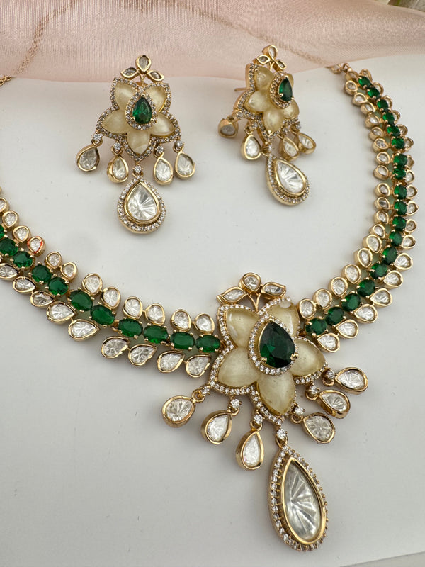 Kundan, Moissanite, MOP, CZ Flexible Gold necklace set, Indian Bridal Jewelry