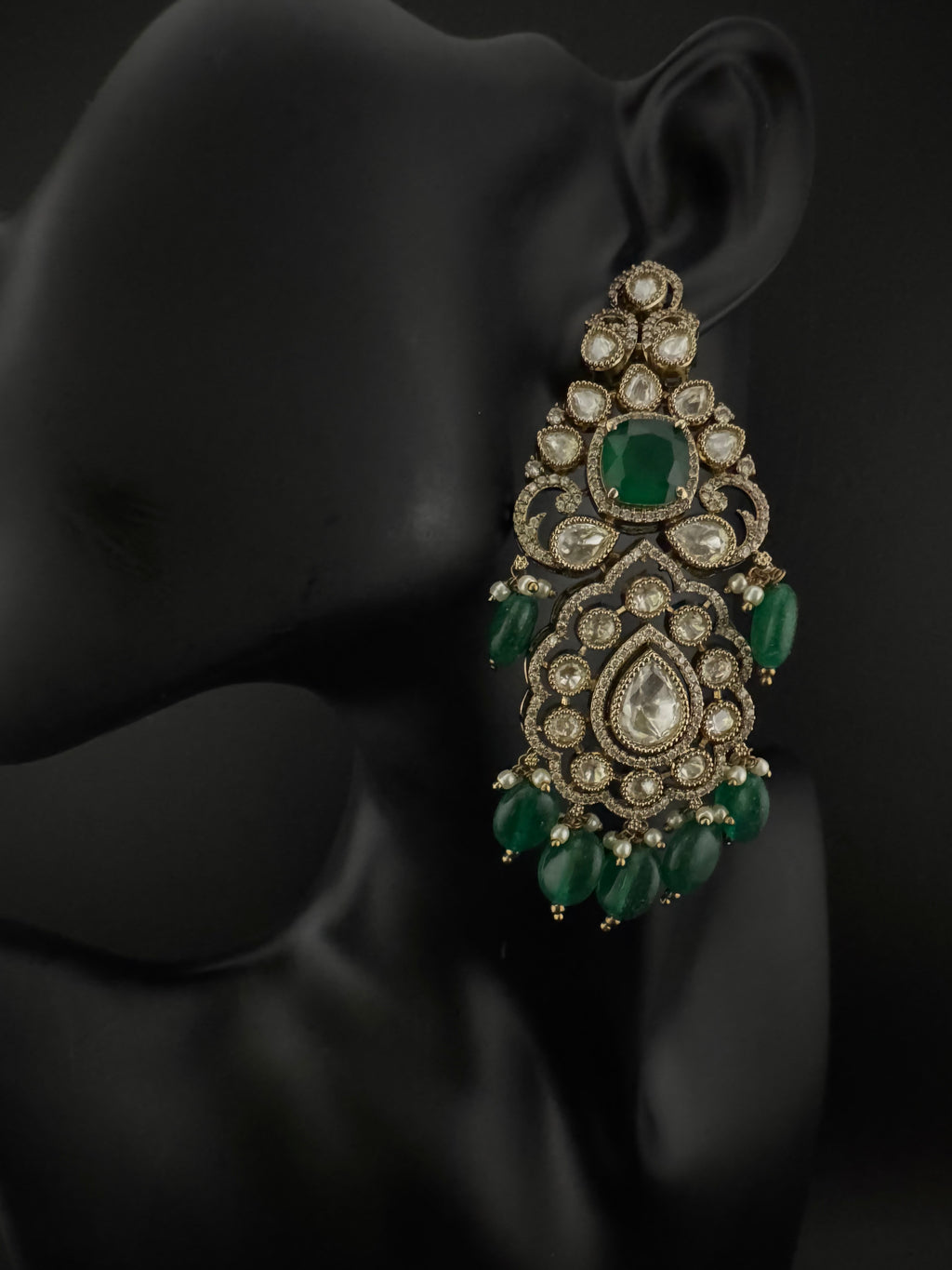 Green and Gold Kundan, Pearls Chandelier Long Earrings, Bridal, Moissanite, CZ, Designer jewelry