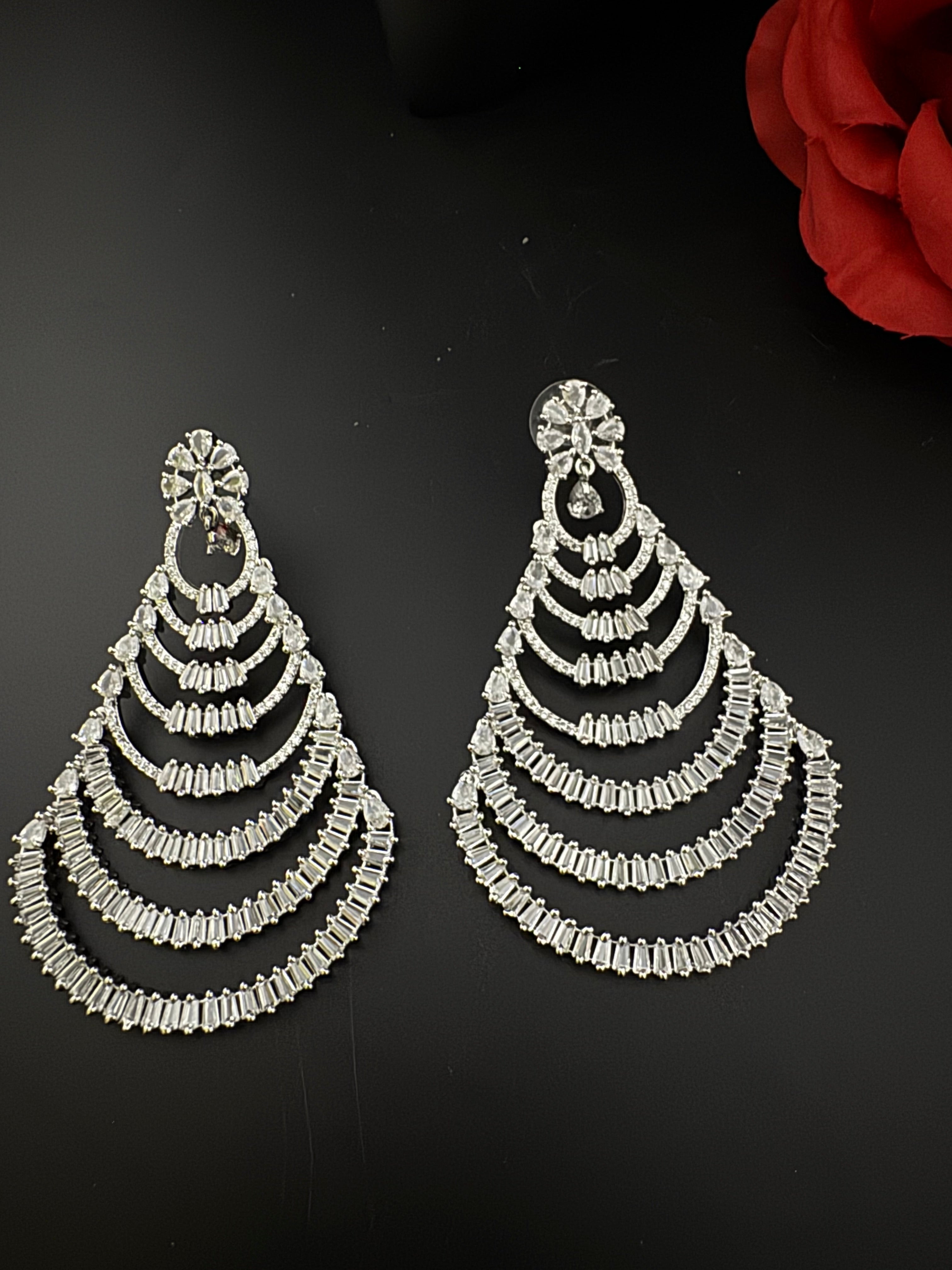 Premium Cubic Zirconia silver Chandelier Oversized earrings is designer Inspired, Statement Long earring, Bridal, Party, Wedding jewelry,