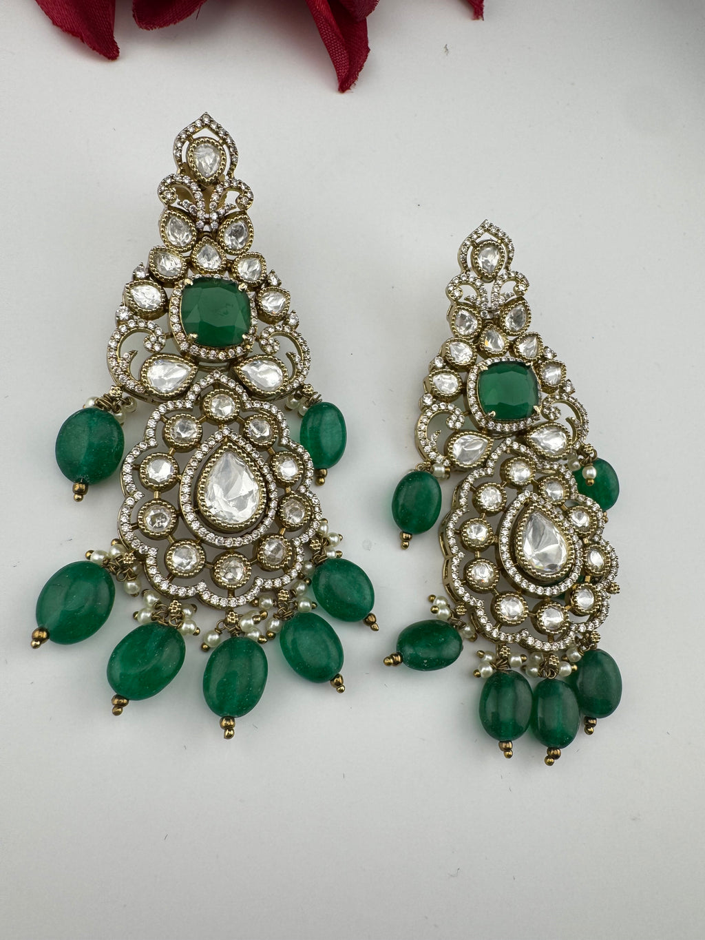 Green and Gold Kundan, Pearls Chandelier Long Earrings, Bridal, Moissanite, CZ, Designer jewelry