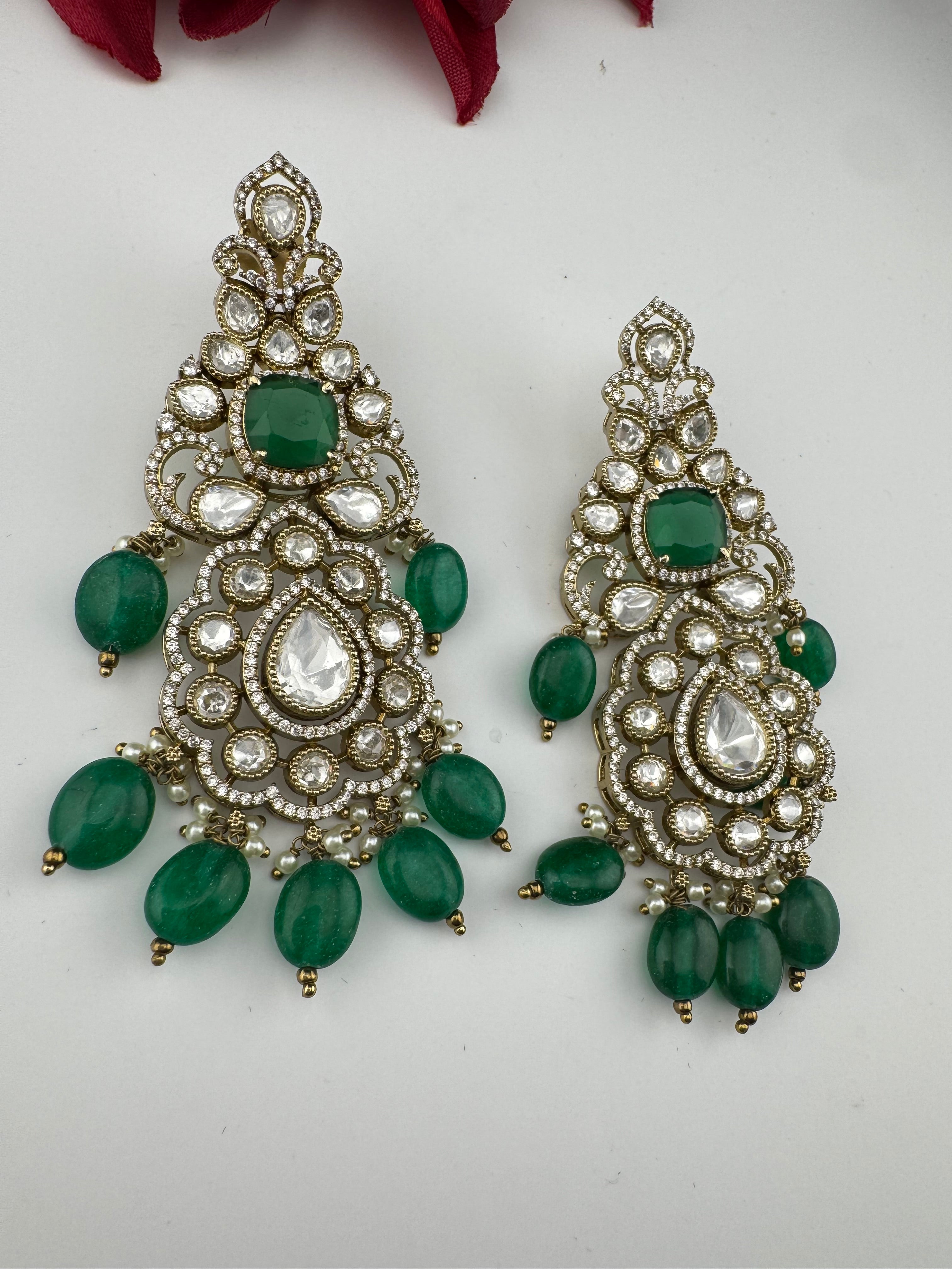 Green and Gold Kundan, Pearls Chandelier Long Earrings, Bridal, Moissanite, CZ, Designer jewelry