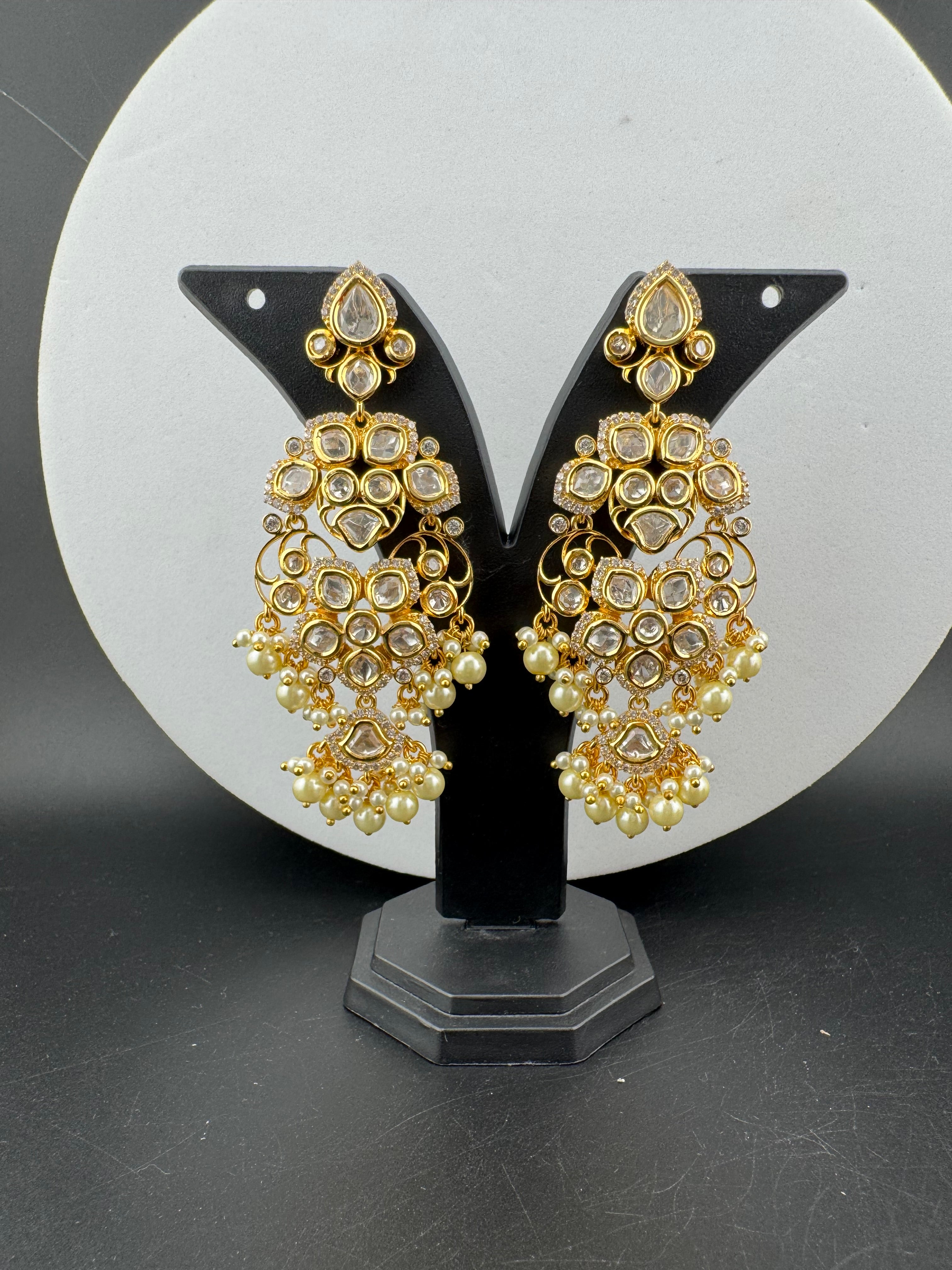 White and Gold Kundan, Pearls Chandelier Earrings, High shine Bridal, Moissanite, CZ, Designer jewelry