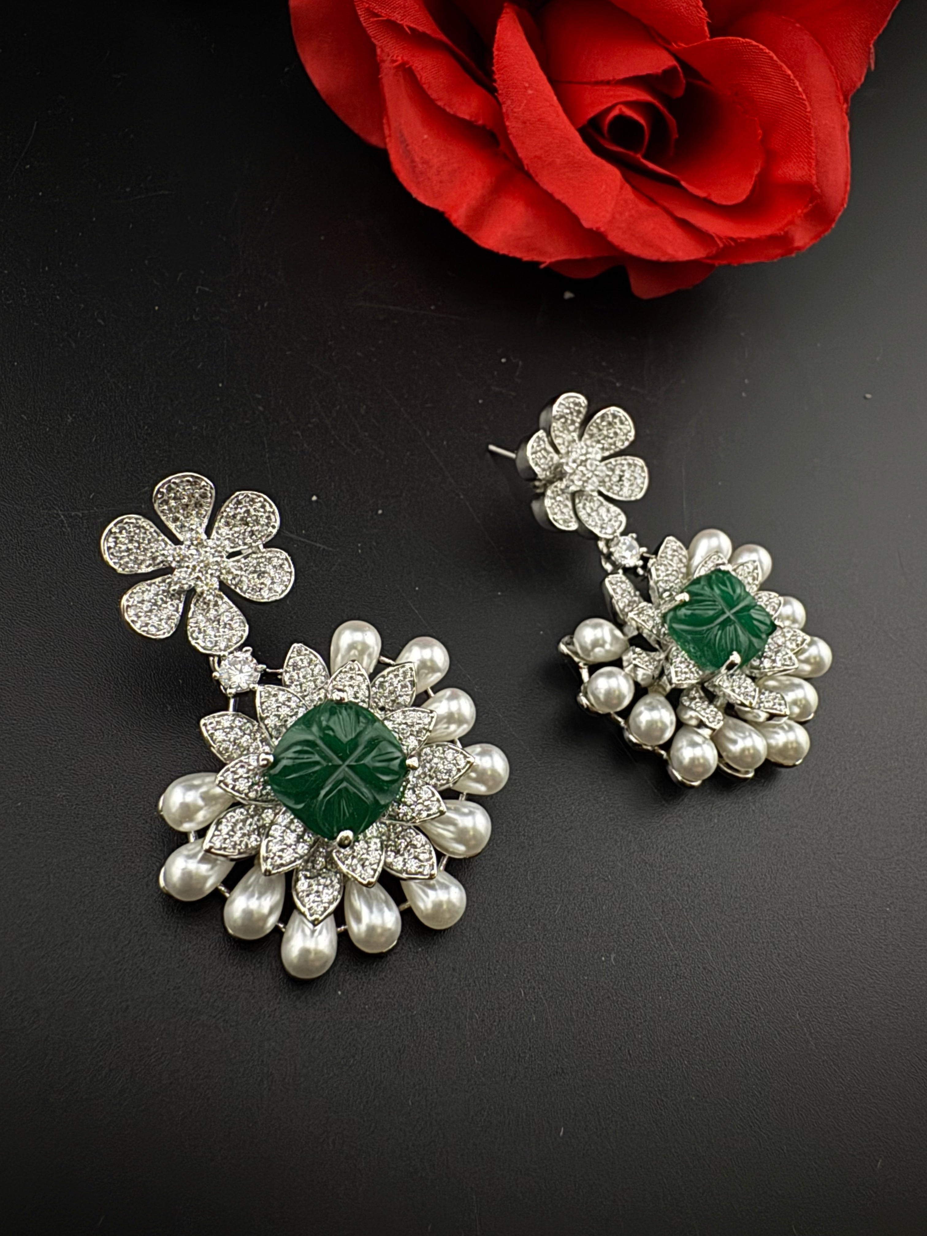 Premium Nano Setting Cubic Zirconia Carved Stone Pearls Drop earrings in unique 3D shape, stylish, Statement earring/Bridal Bridesmaid gift