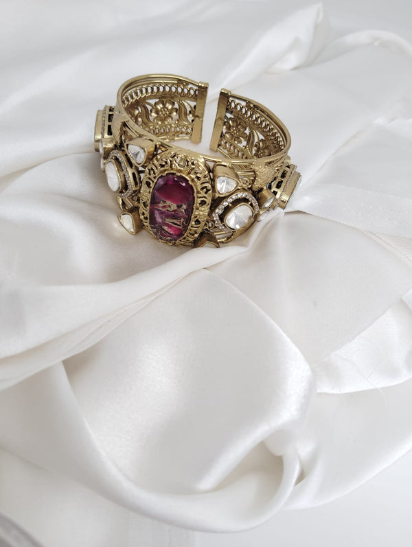 Amarapali inspired Moissanite Kundan, CZ, Stone Cuff Bracelet Bangle, Gold Polish (Fits 2.6" wrists)