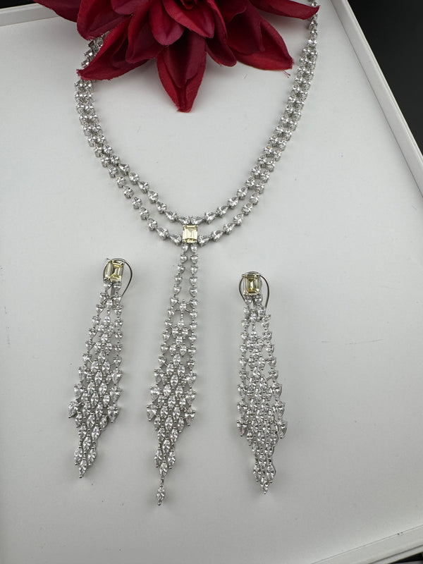 Crystals and CZ Diamond Statement double Layered Necklace Set, White Gold Plated Choker set