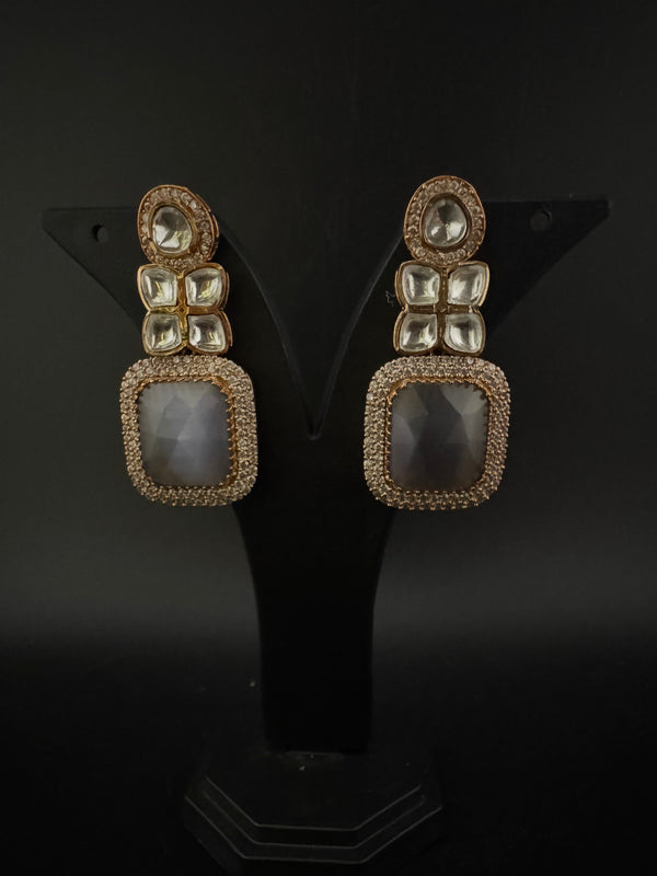 Gray and Gold Kundan, Stone Chandelier Drop Earrings, Bridal, Moissanite, CZ, Designer jewelry
