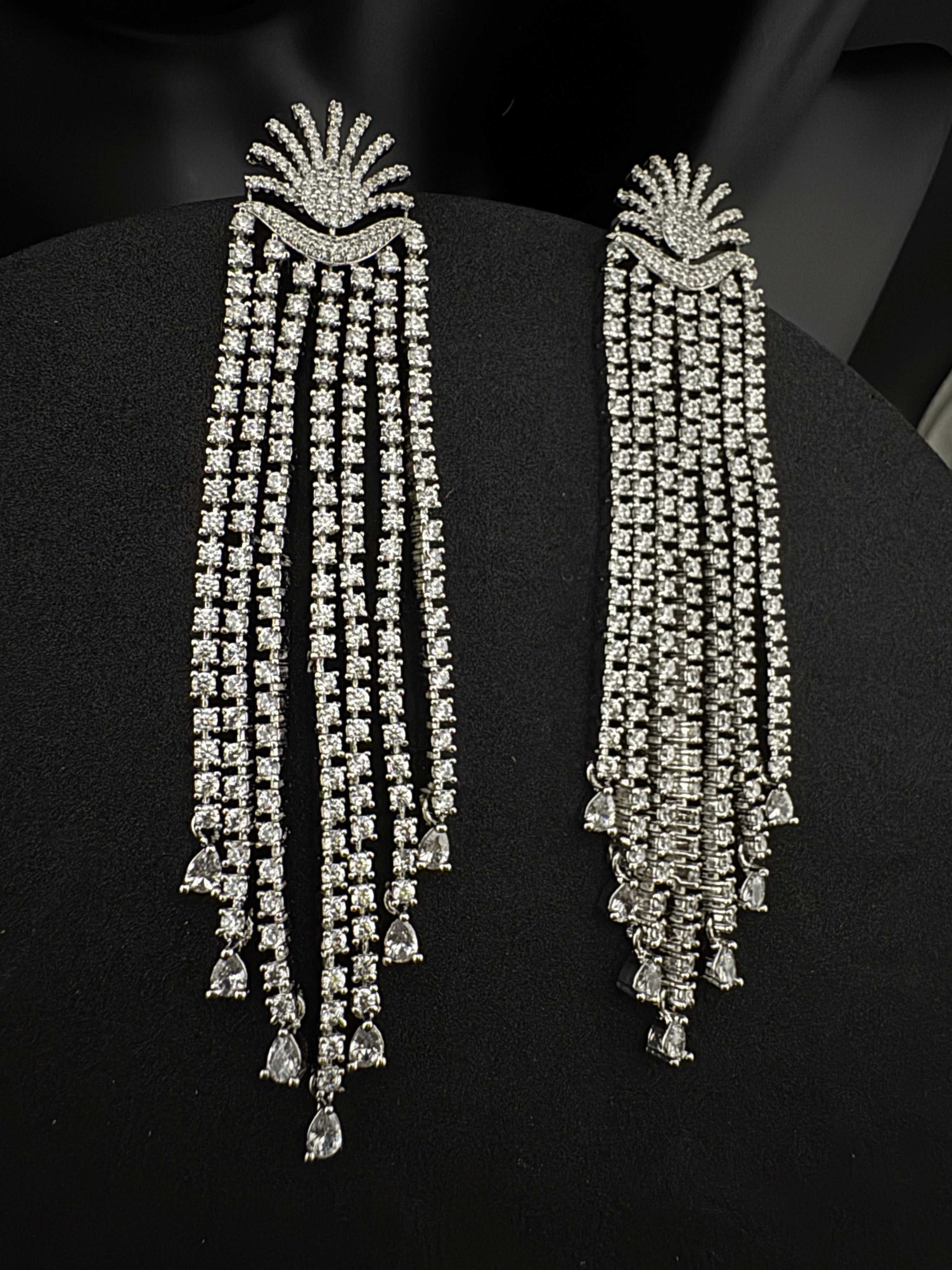 Premium Cubic Zirconia Chandelier extra long earrings, sun style long CZ tassel, Statement Long earring, Bridal, Party, Wedding jewelry