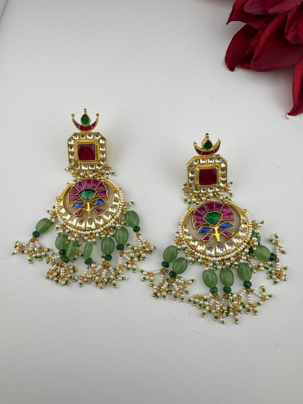 Multicolor pacchi Kundan stones Pearls Oversized Chandelier Long Earrings, Bridal, Designer jewelry