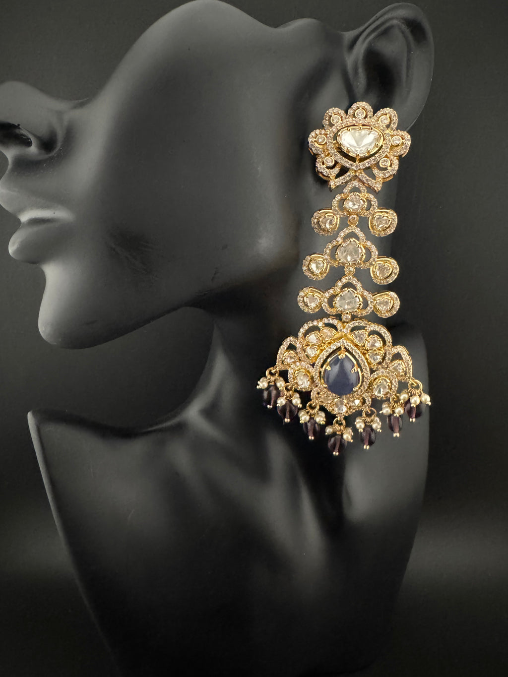 White and Gold Kundan, Pearls Chandelier Long Earrings, Bridal, Moissanite, CZ, Designer jewelry