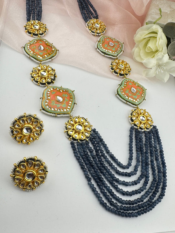 Kundan, Enamel, Minakari, Hydro Beads Long Gold Choker necklace set, Double sided Rani haar